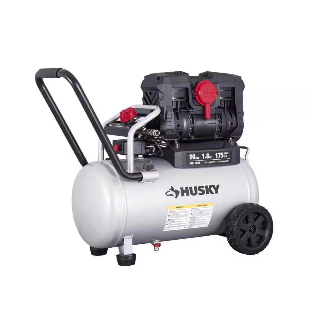 10 Gal. 175 PSI Electric Oil-Free Quiet Auto/Workshop Hotdog Air Compressor with Dual Gauges and 1-Quick Coupler