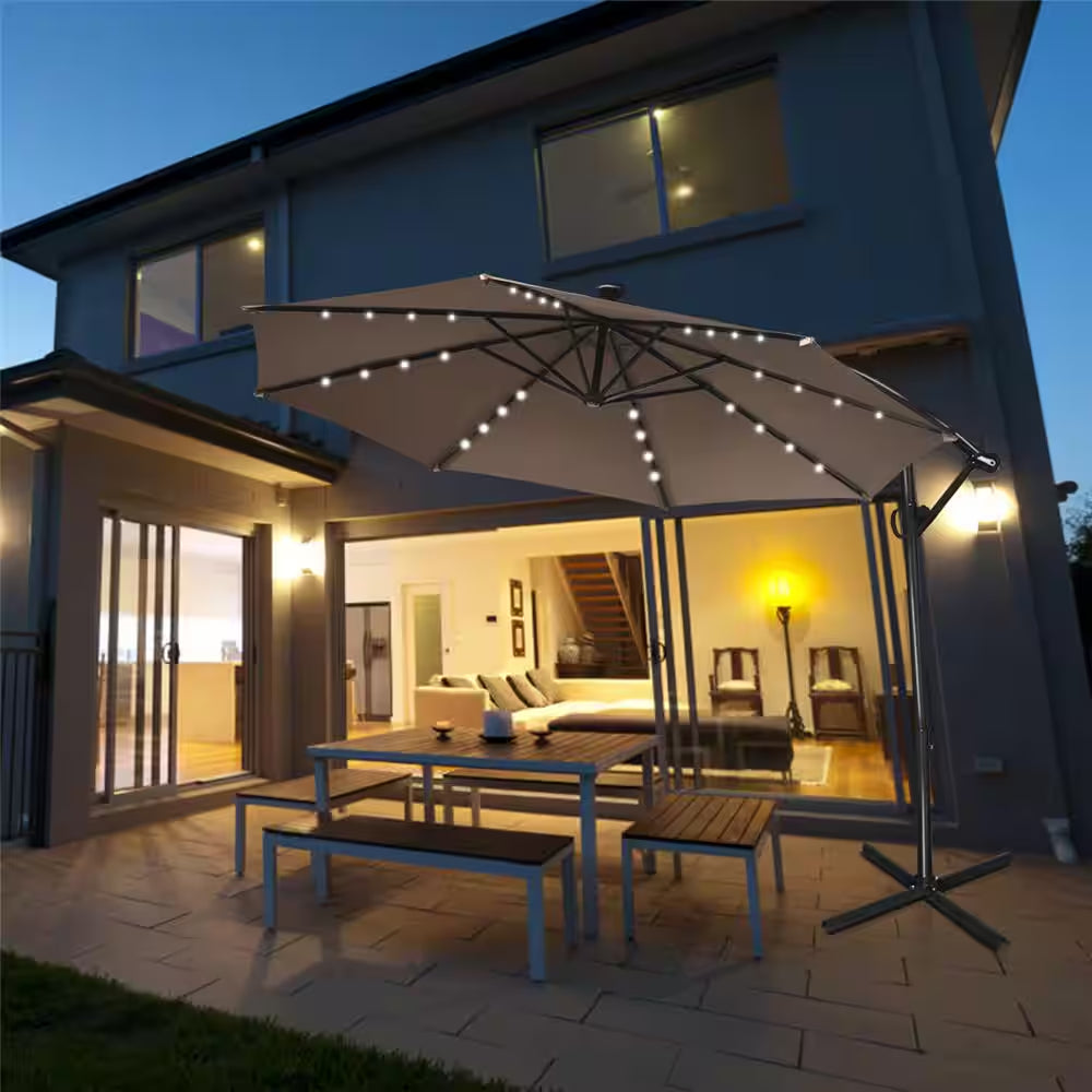 10 Ft. Aluminum Offset Cantilever Solar Tilt Patio Umbrella LED Lights 360-Degrees Rotation Tan