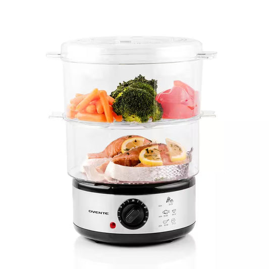 20-Cup Silver 2-Tier Food Steamer with Stainless Steel Base and Plastic Containers