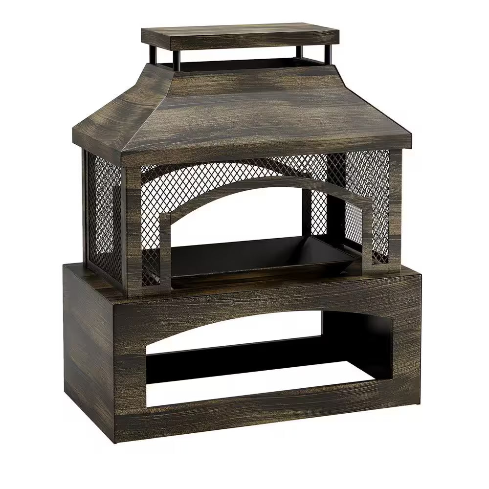 37 In. Steel Outdoor Wood Burning Fireplace with Wood Storage Rectangular Freestanding