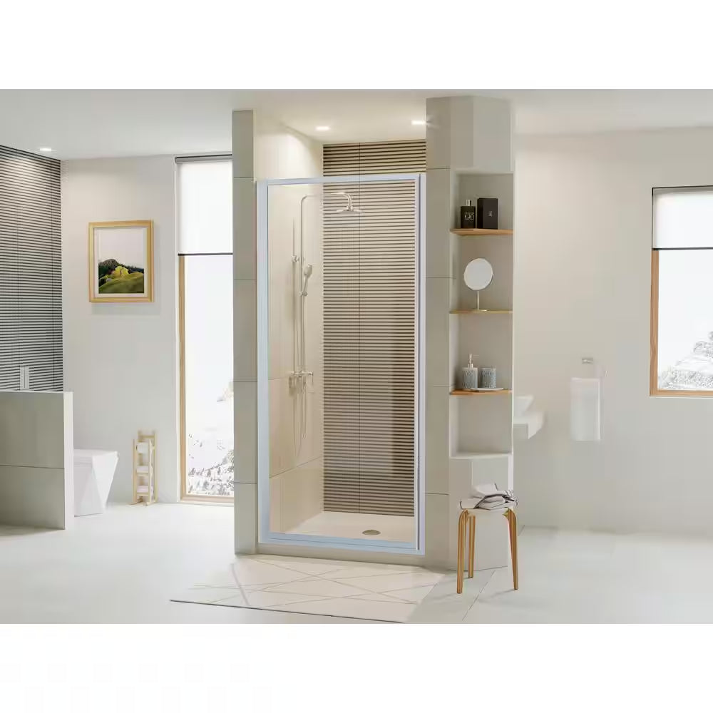Legend 31.625 In. to 32.625 In. X 64 In. Framed Hinged Shower Door in Platinum with Clear Glass