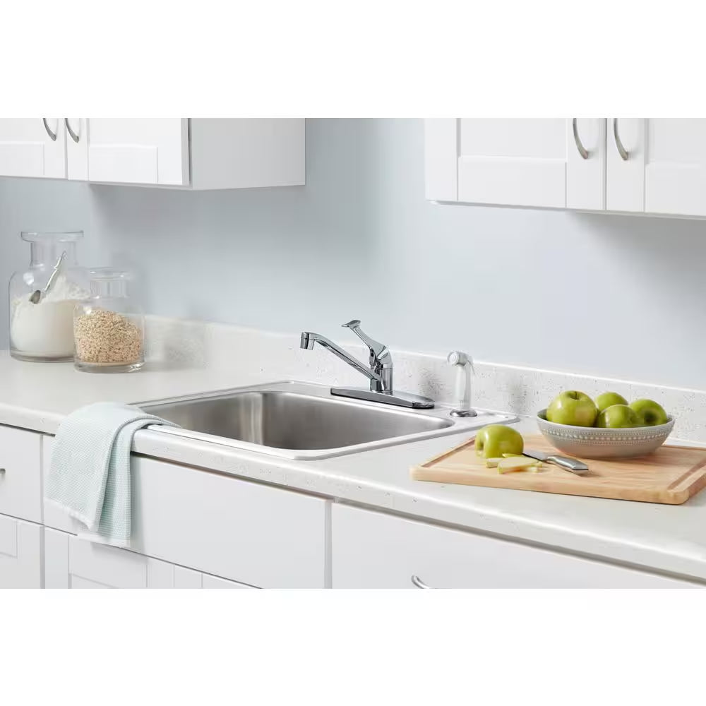 Single-Handle Standard Kitchen Faucet with White Side Sprayer in Polished Chrome