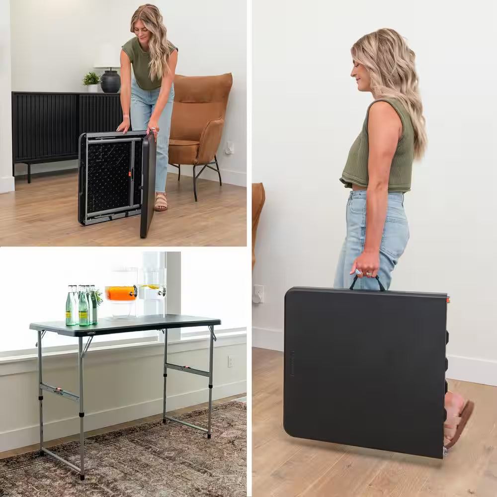 48 In. L Rectangle Black Resin Top Adjustable Fold-In-Half Table with Silver Frame