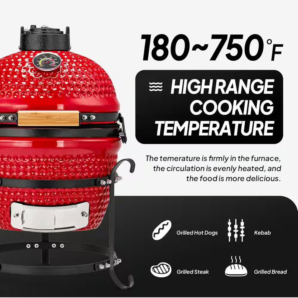 13 In. Kamado Ceramic Charcoal Grill in Red with Grill Stand