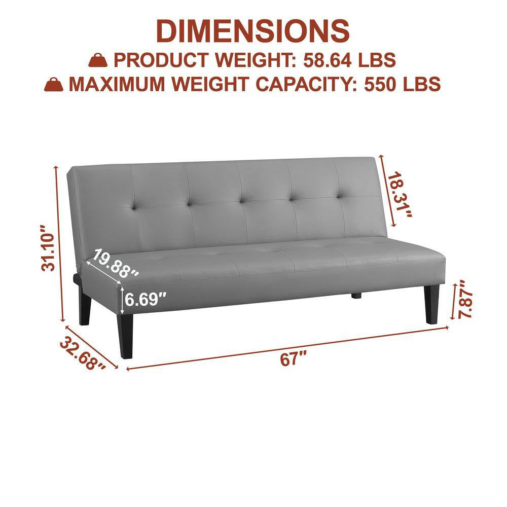 76.6 in Gray Faux Leather Armless Futon Sofa Bed with Wooden Legs - Rectangle Couch Featuring Button Tufting