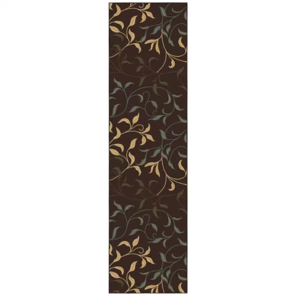 Ottohome Collection Non-Slip Rubberback Leaves Design 3X10 Indoor Runner Rug, 2 Ft. 7 In. X 9 Ft. 10 In., Dark Brown