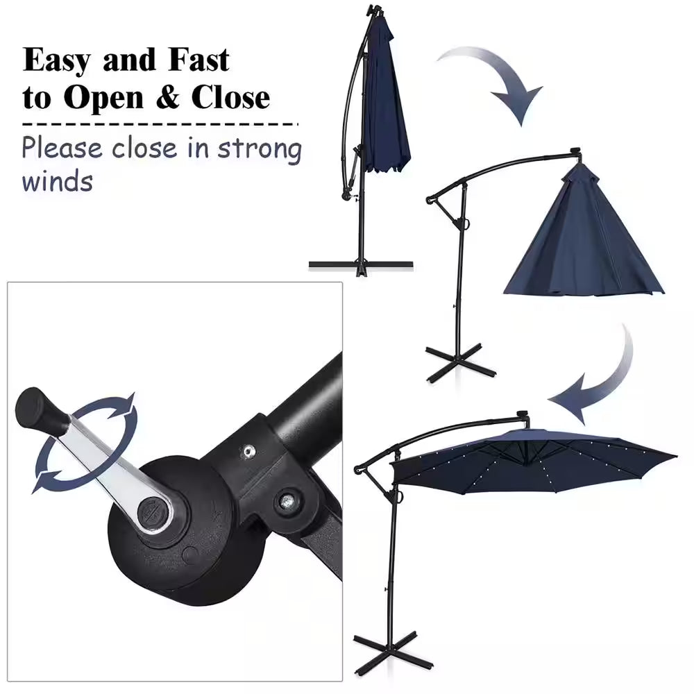 10 Ft. 360° Rotation Aluminum Offset Cantilever Solar Tilt Patio Umbrella LED Lights in Navy