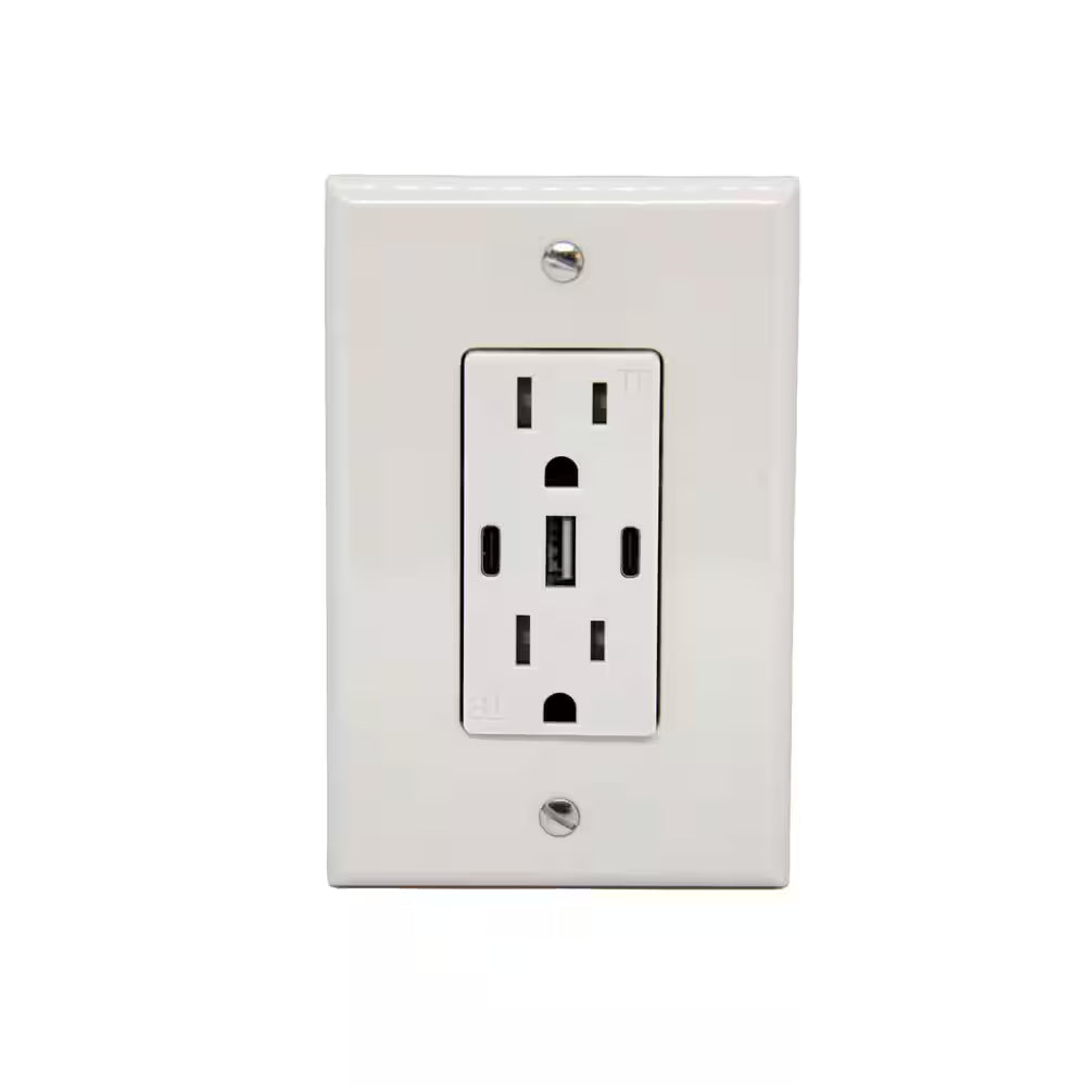 USB Receptacle Outlet White, 15A 30W with 2 Type C, 1 Type a USB Charger and Standard Wallplate