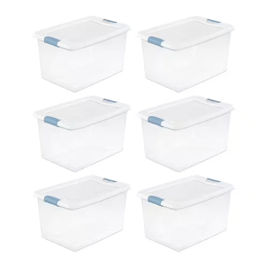 64 Quart Clear Plastic Storage Boxes Bins Totes W/Latches (6 Pack)