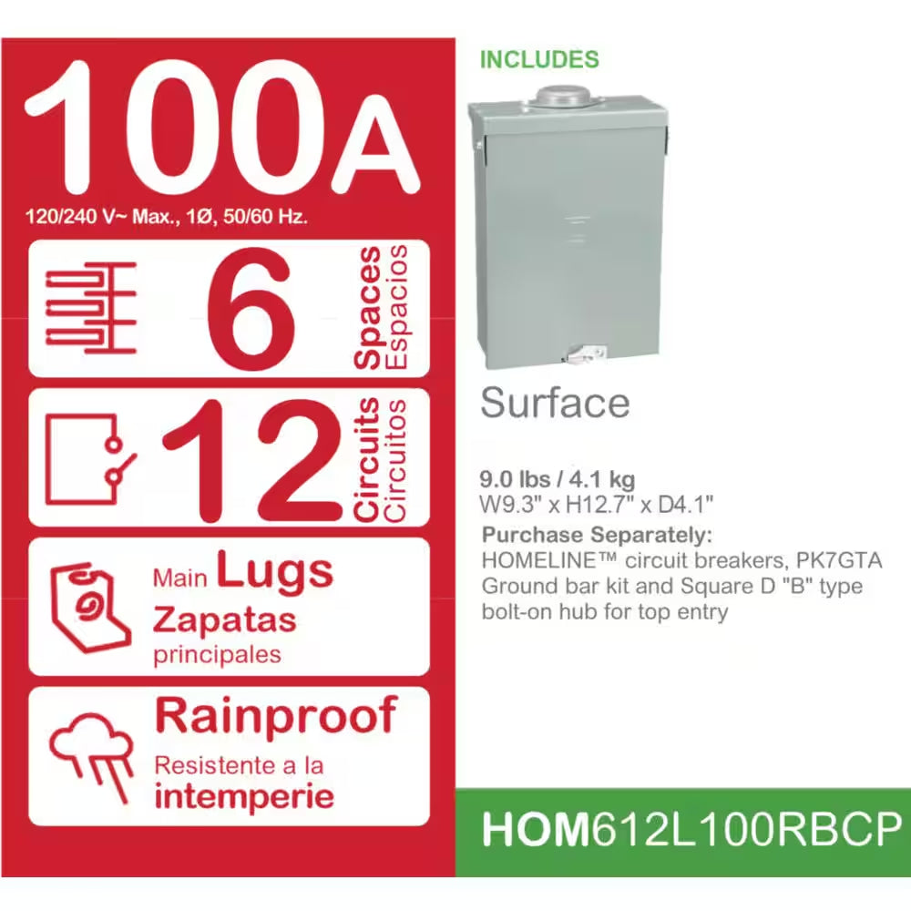 Homeline 100 Amp 6-Space 12-Circuit Outdoor Main Lug Electrical Panel(Hom612L100Rbcp)