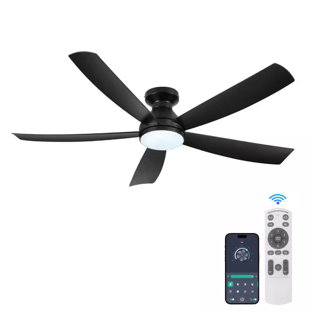 52 in Modern Black 6 Speeds Black Standard Flush Mount Ceiling Fan with 3- Color Dimmable LED Light, APP and Remote