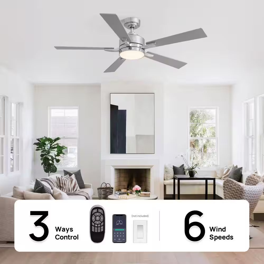 52 In. Indoor Modern Chrome Ceiling Fan with LED Light and Remote Control for Bedroom and Living Room
