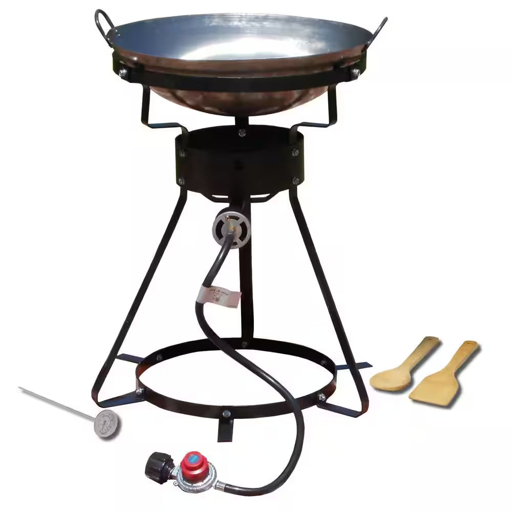 54,000 BTU Bolt Together Portable Propane Gas Outdoor Cooker with Special Recessed Wok Ring and 18 In. Steel Wok