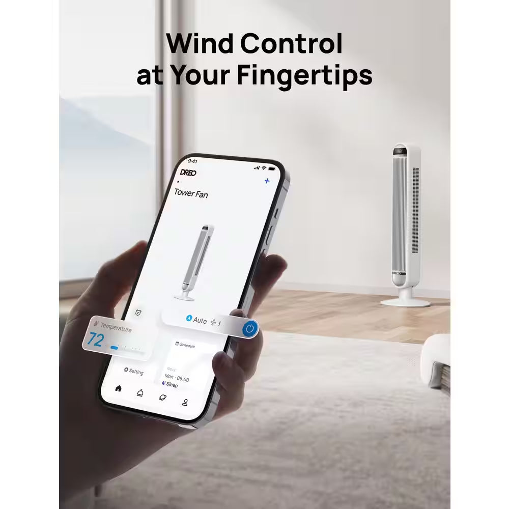 Smart Essential 42 In. 6 Fan Speeds Tower Fan in White with Wi-Fi, Voice Control, Remote and 90° Oscillation