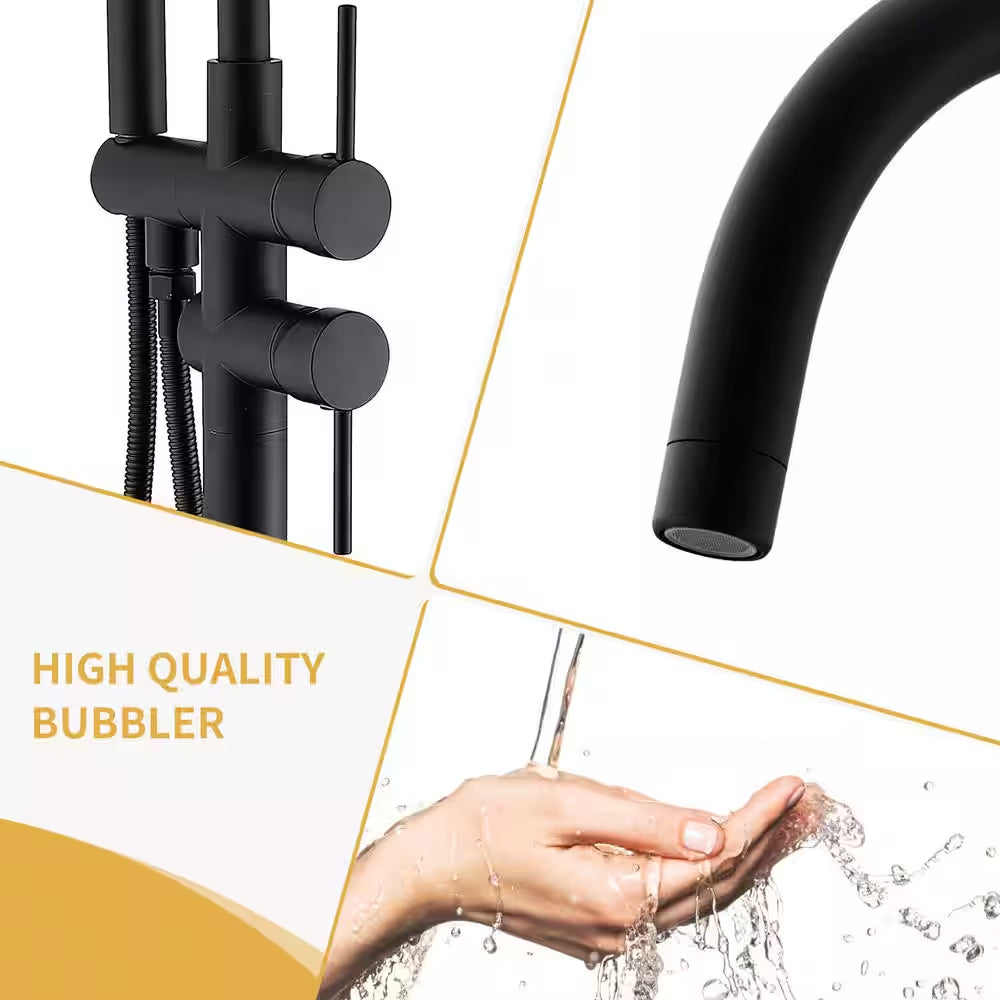 2 Handle Freestanding Tub Faucet with Hand Shower and Feature in Matter Black