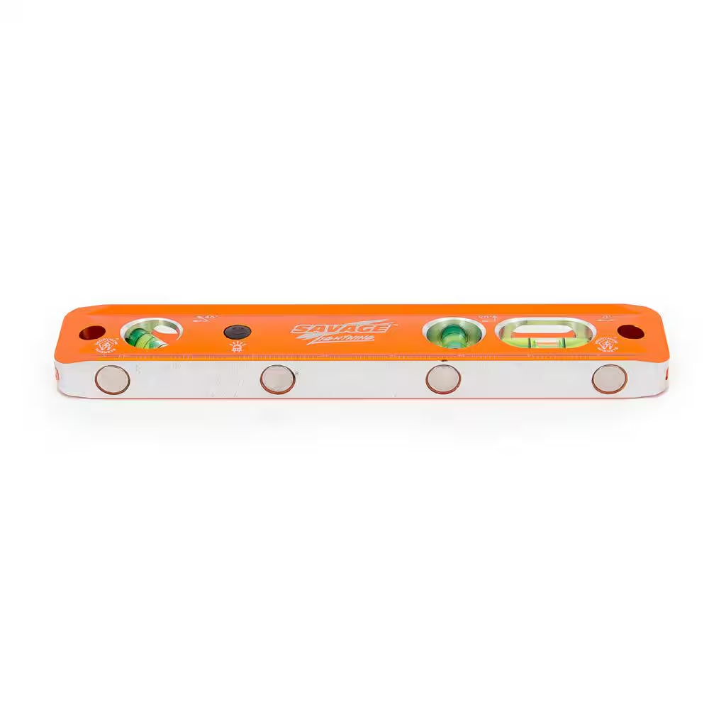 9 In. Aluminum Lighted Magnetic Torpedo Level with 3 Bubble Vials, Etched Ruler and Straight Edge