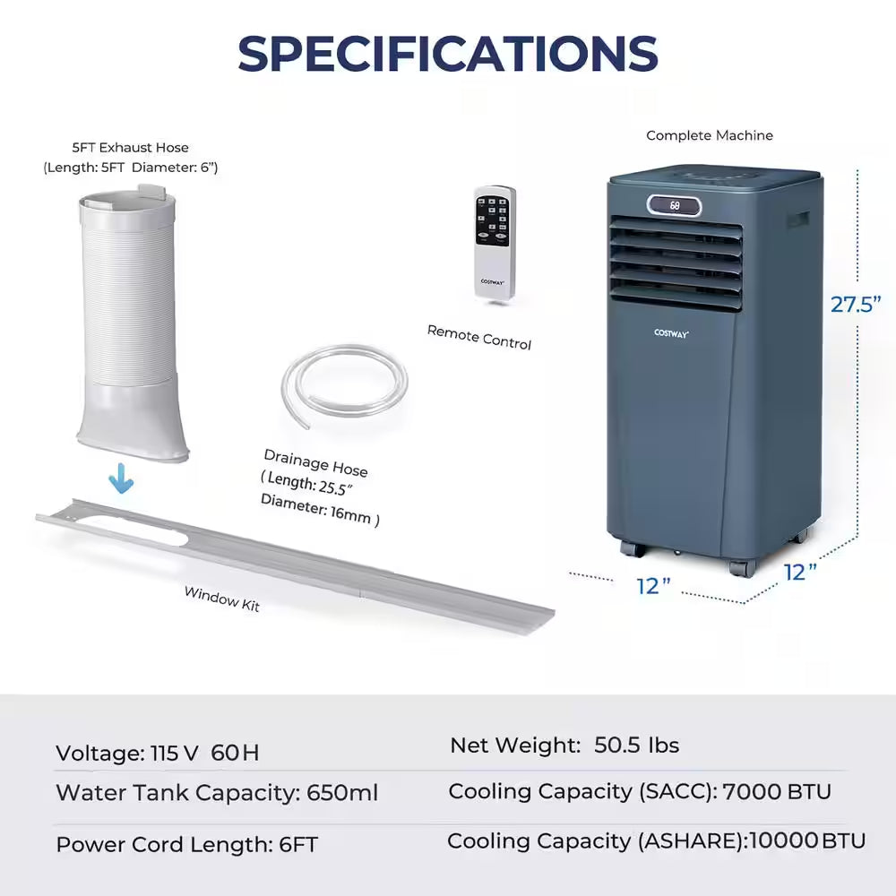 8000BTU (ASHRAE) 5000 BTU (DOE) Portable Air Conditioner Cools 220 Sq. Ft. with Remote Control in Blue