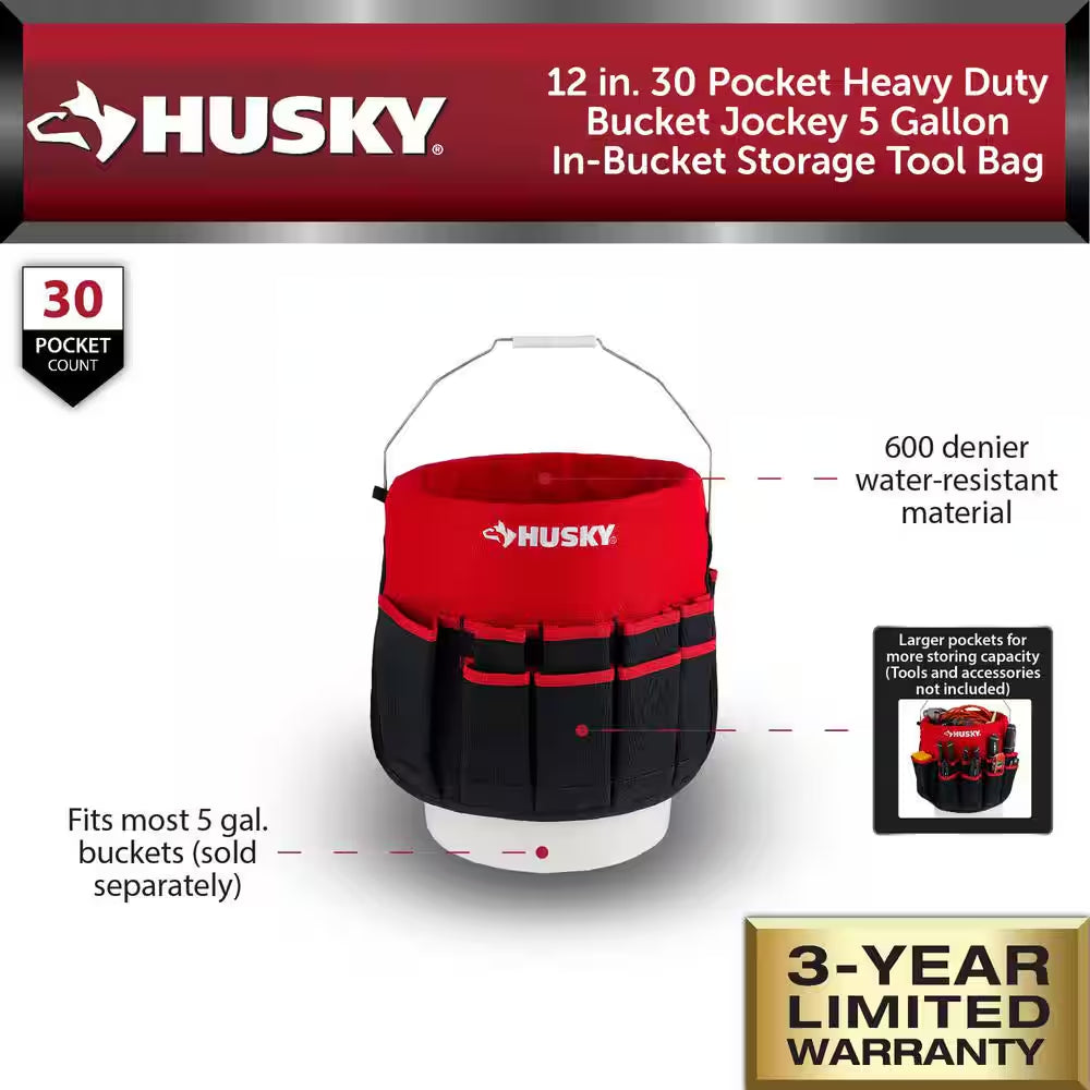 12 In. 30 Pocket Heavy Duty Bucket Jockey 5 Gallon In-Bucket Storage Tool Bag