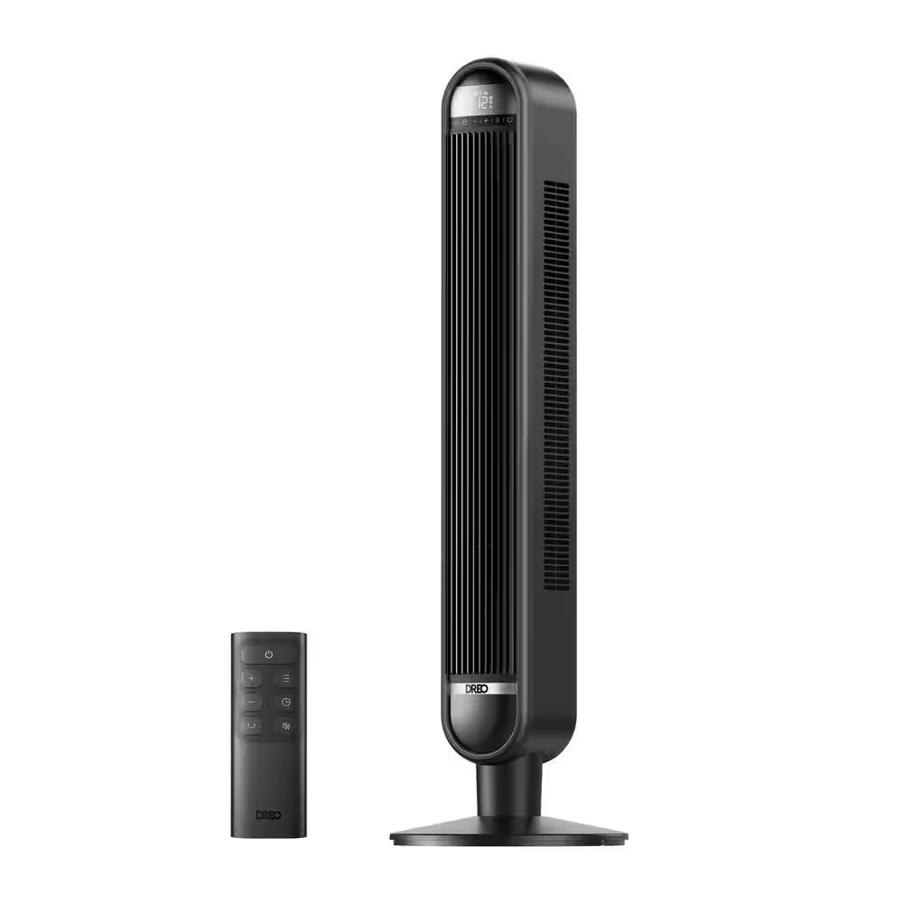 Essential 42 In. 6 Fan Speeds Tower Fan in Black with Remote, 90° Oscillation and 12-Hour Timer