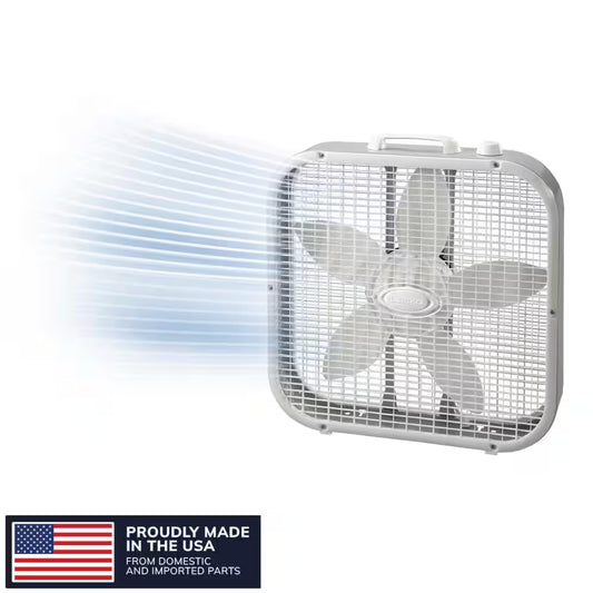 20 In. 3 Speed Box Fan in White for Bedrooms, Living Rooms, Garages with save Smart Technology, 1800 CFM, Carry Handle