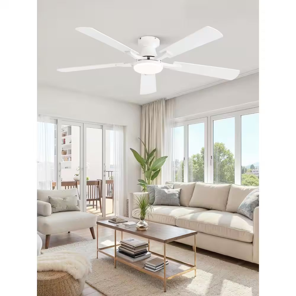 52 In. White Indoor Dimmable LED 6-Speed Low Profile Ceiling Fan with Lights and Remote Control Dual-Finish Blades