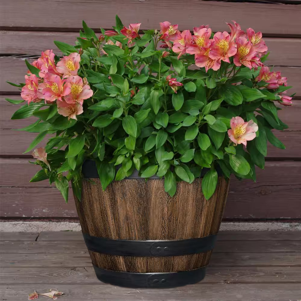 Reedley Medium Walnut Brown Resin Wine Barrel Lightweight round Planter (11.33 In. L X 11.33 In. W X 8.51 In. H)