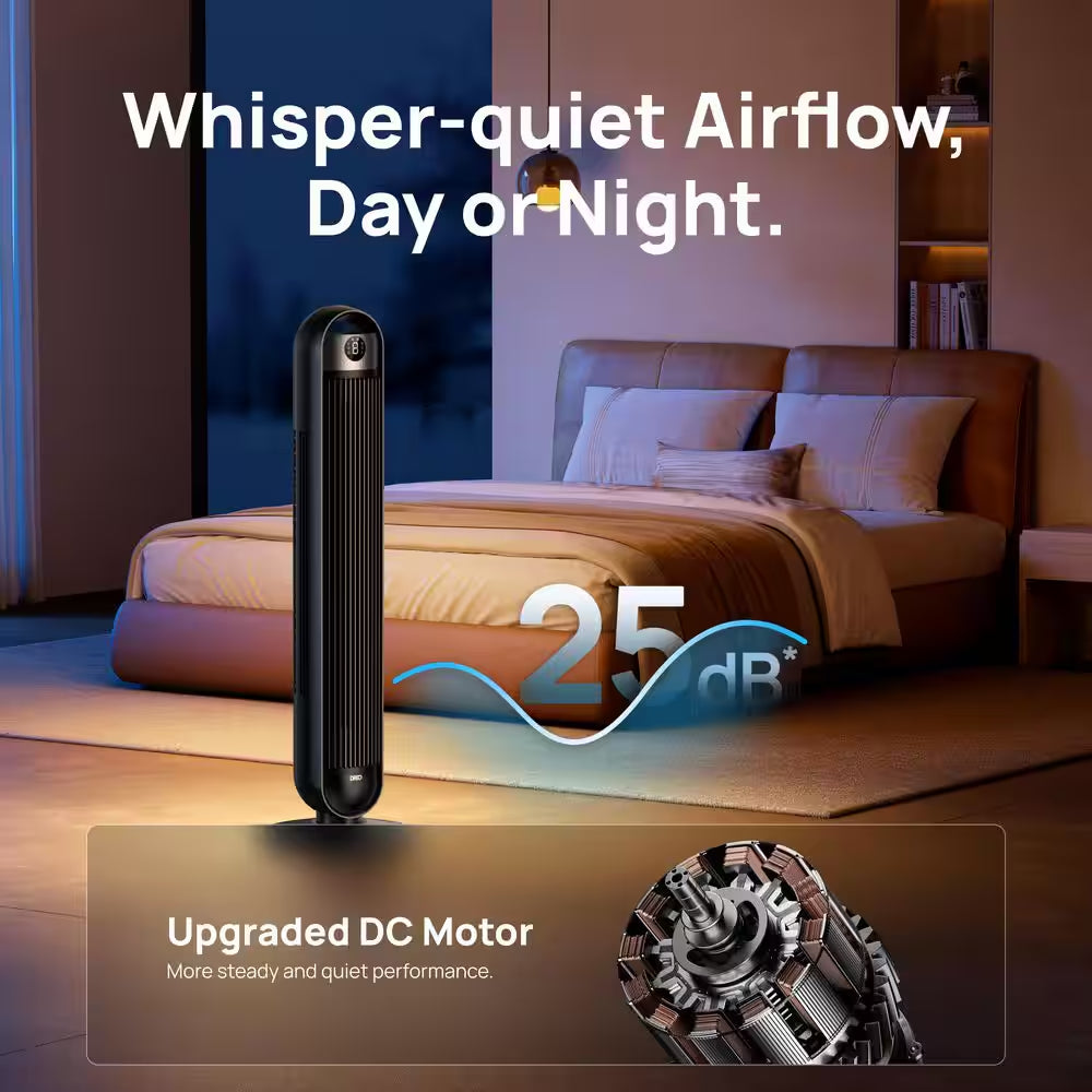 36 In. 6-Speed Tower Fan, 25 DB Quiet Portable Fan, DC Motor, 90° Oscillating with Remote, 8 Hour Timer in Black