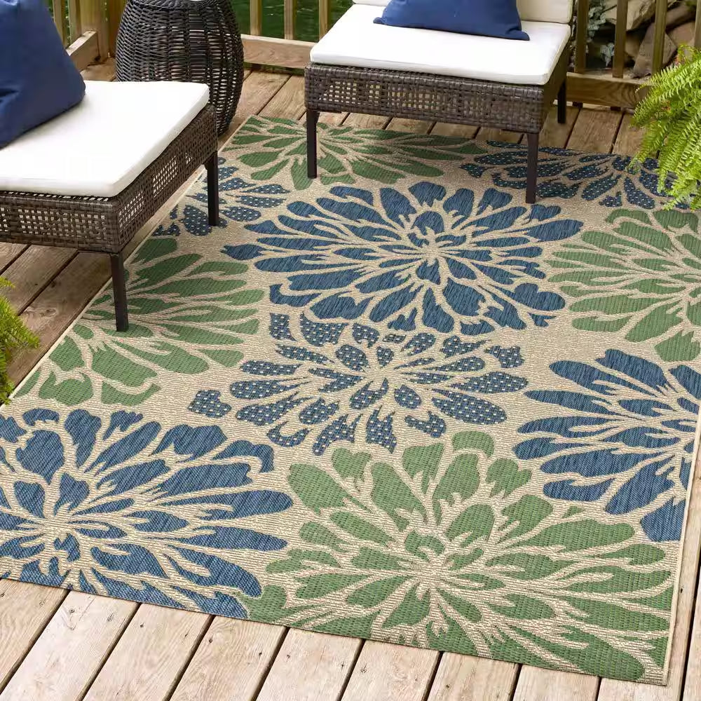 Zinnia Navy/Green 8 Ft. X 10 Ft. Floral Indoor/Outdoor Area Rug