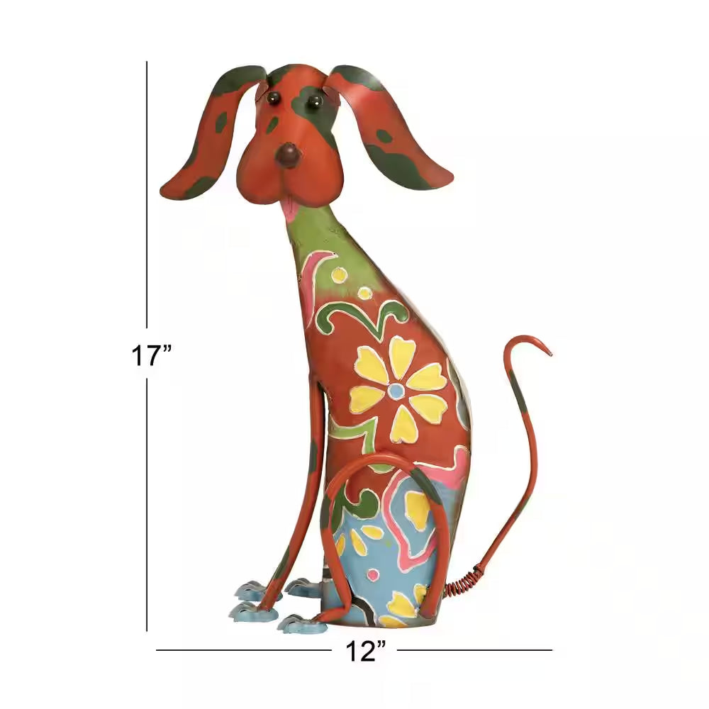 17 In. Metal Indoor Outdoor Dog Garden Sculpture with Floral Pattern
