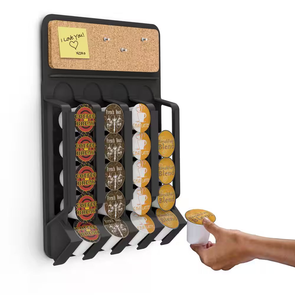 Wall Mount Single Serve Pod Organizer 20 Pod Capacity Magnetic or Adhesive, Black