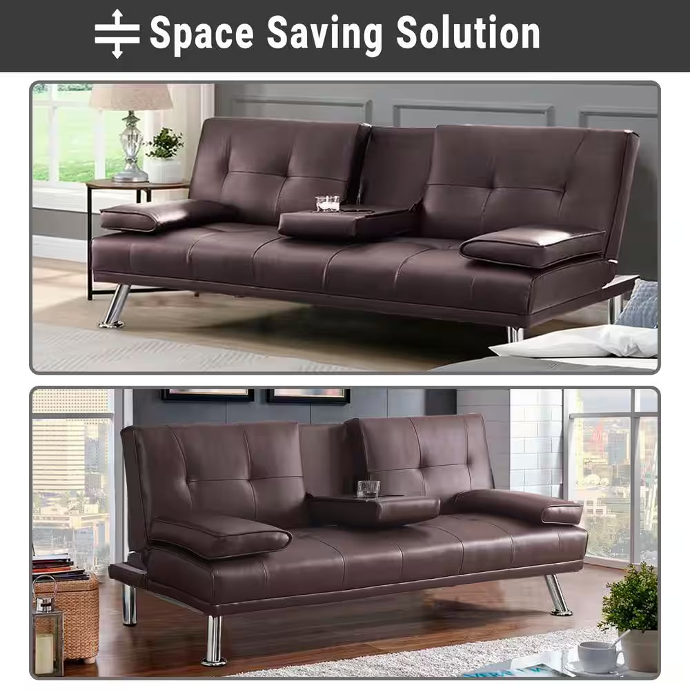66 in Espresso Futon Sofa Mattress Faux Leather Couch with Armrest and 2-Cupholders Square Arm Rectangle with Metal Legs