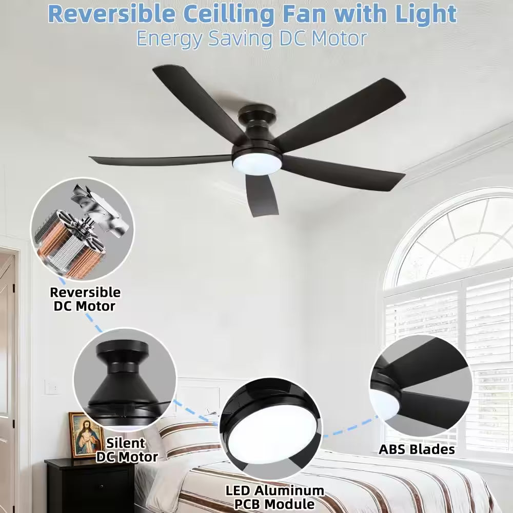 52 in Modern Black 6 Speeds Black Standard Flush Mount Ceiling Fan with 3- Color Dimmable LED Light, APP and Remote
