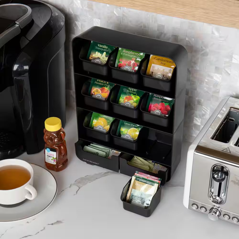 Tea Bag Organizer Tea Station Organizer Countertop Storage Plastic, Black