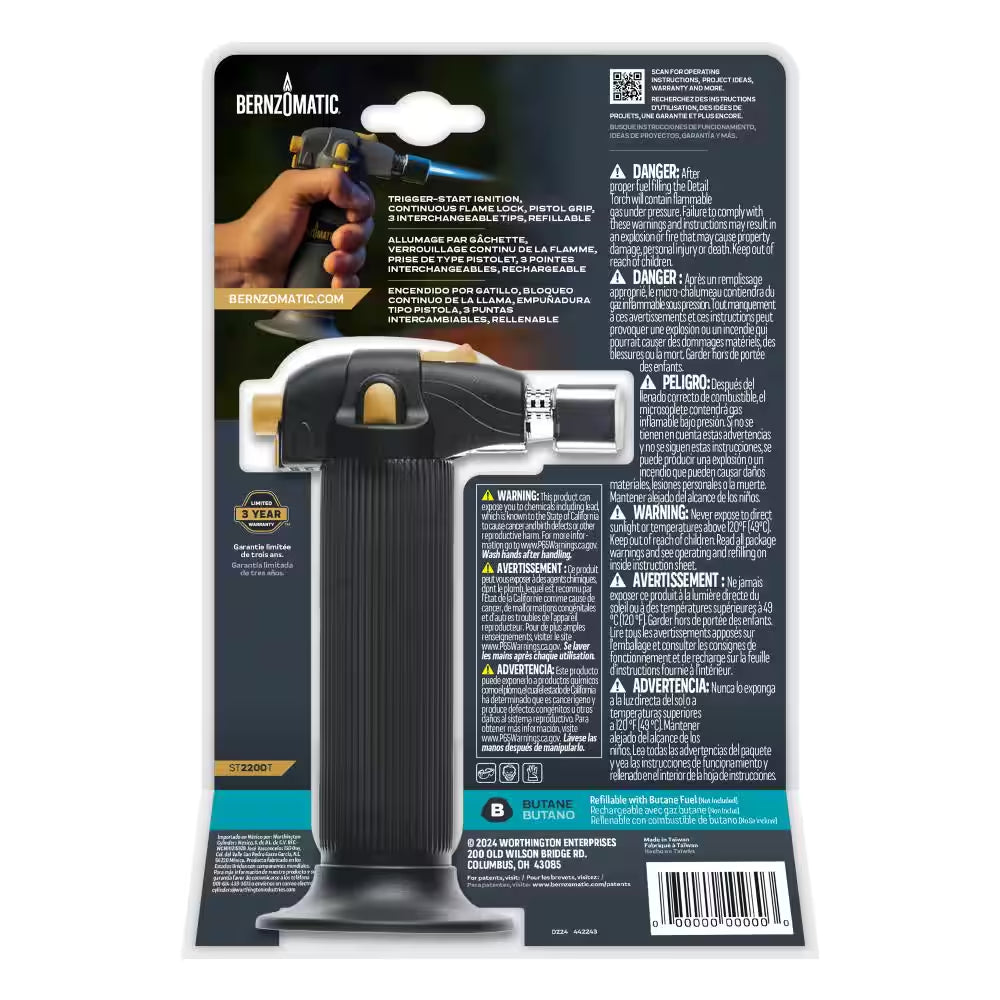 Butane Detail Torch with Soldering Tip, Trigger Ignition and Flame Lock