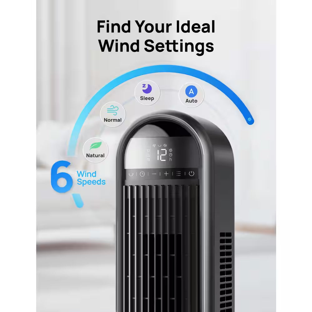 Essential 42 In. 6 Fan Speeds Tower Fan in Black with Remote, 90° Oscillation and 12-Hour Timer