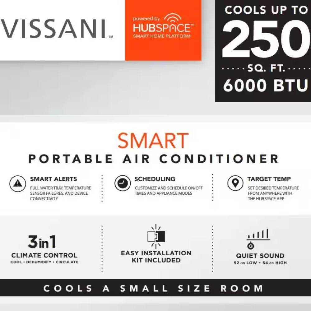 6,000 (DOE) BTU 115-Volt Portable Air Conditioner Cools 250 Sq. Ft. with Remote in White, Powered by Hubspace