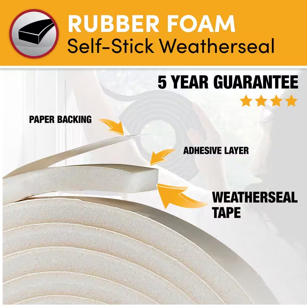 3/8 In. X 3/16 In. X 10 Ft. White High-Density Rubber Foam Weatherstrip Tape