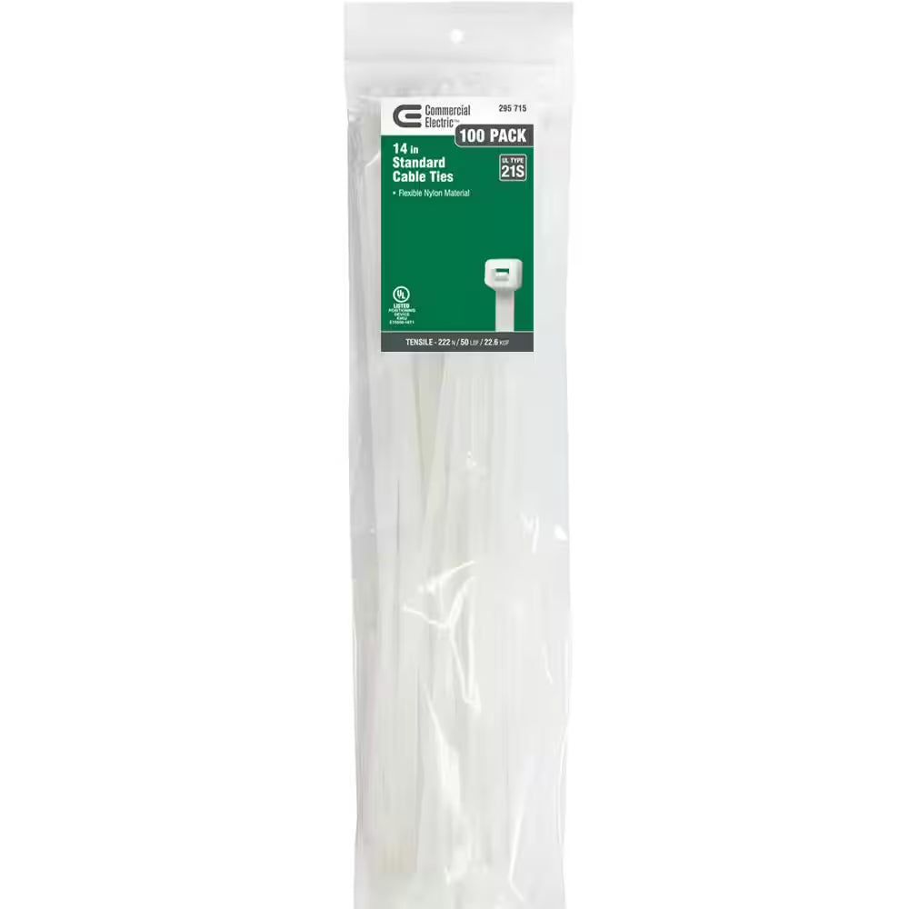 14In Standard 50Lb Tensile Strength UL 21S Rated Cable Zip Ties 100 Pack Natural (White)