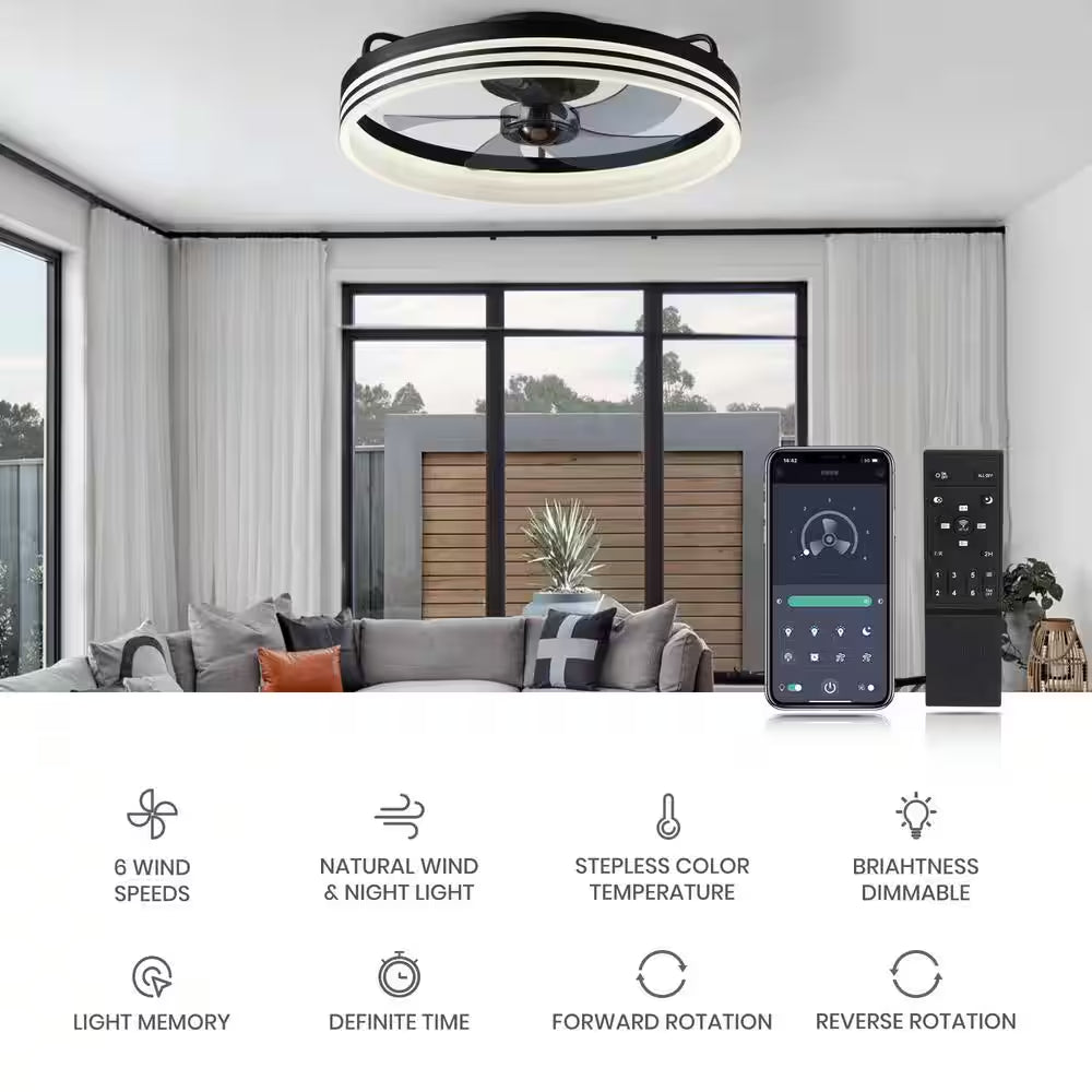 20 In. Indoor Intergrated LED Indoor Black Ceiling Fans with Lights Modern Low Profile Ceiling Fan for Living Room