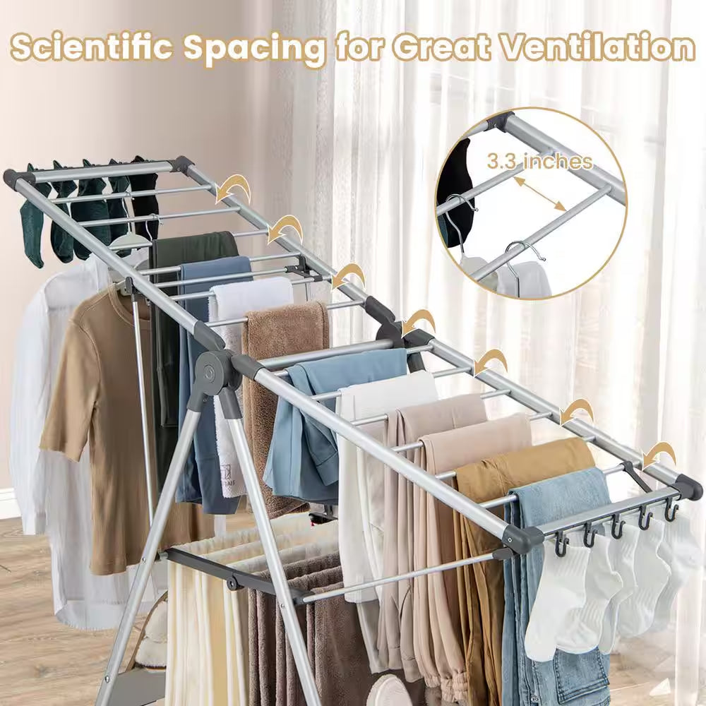 2-Layer Space-Saving Gray Metal Free Standing Drying Rack Collapsible Clothes Drying Rack