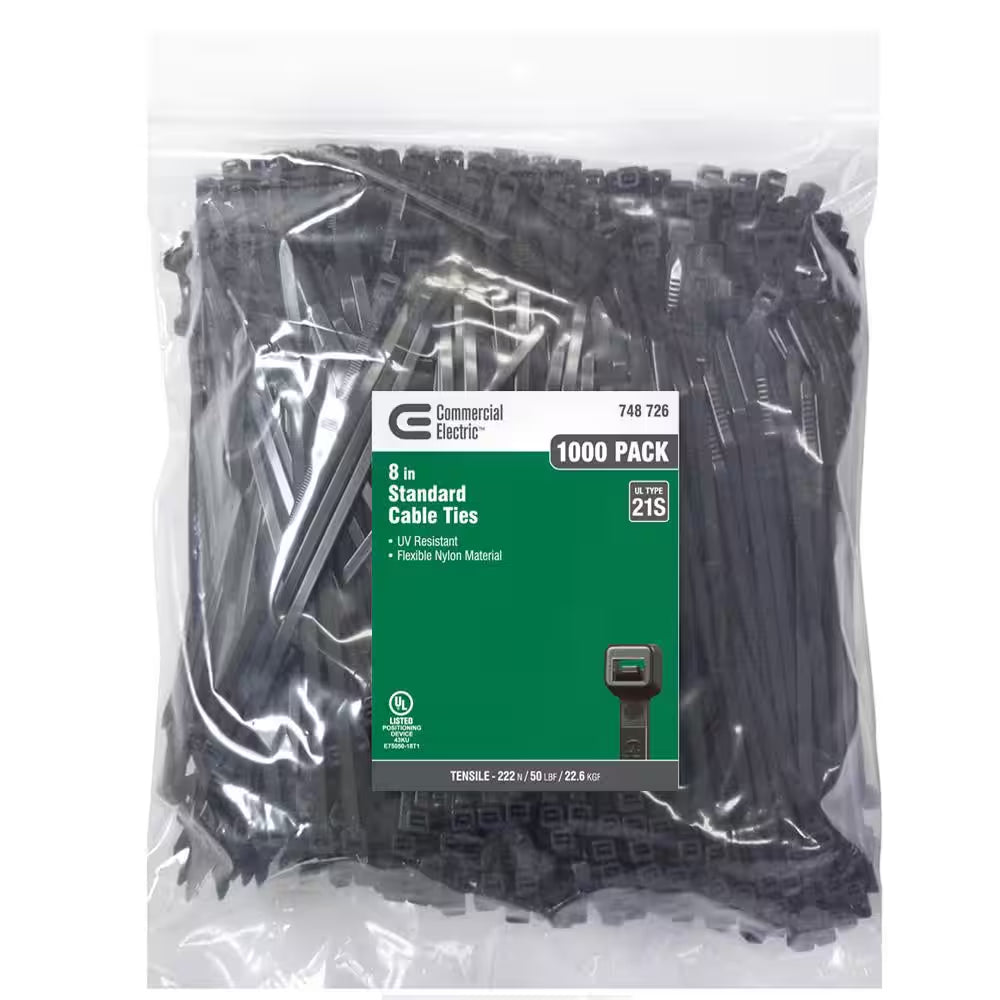 8In Standard 50Lb Tensile Strength UL 21S Rated Cable Zip Ties 1000 Pack UV (Black)
