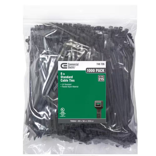 8In Standard 50Lb Tensile Strength UL 21S Rated Cable Zip Ties 1000 Pack UV (Black)
