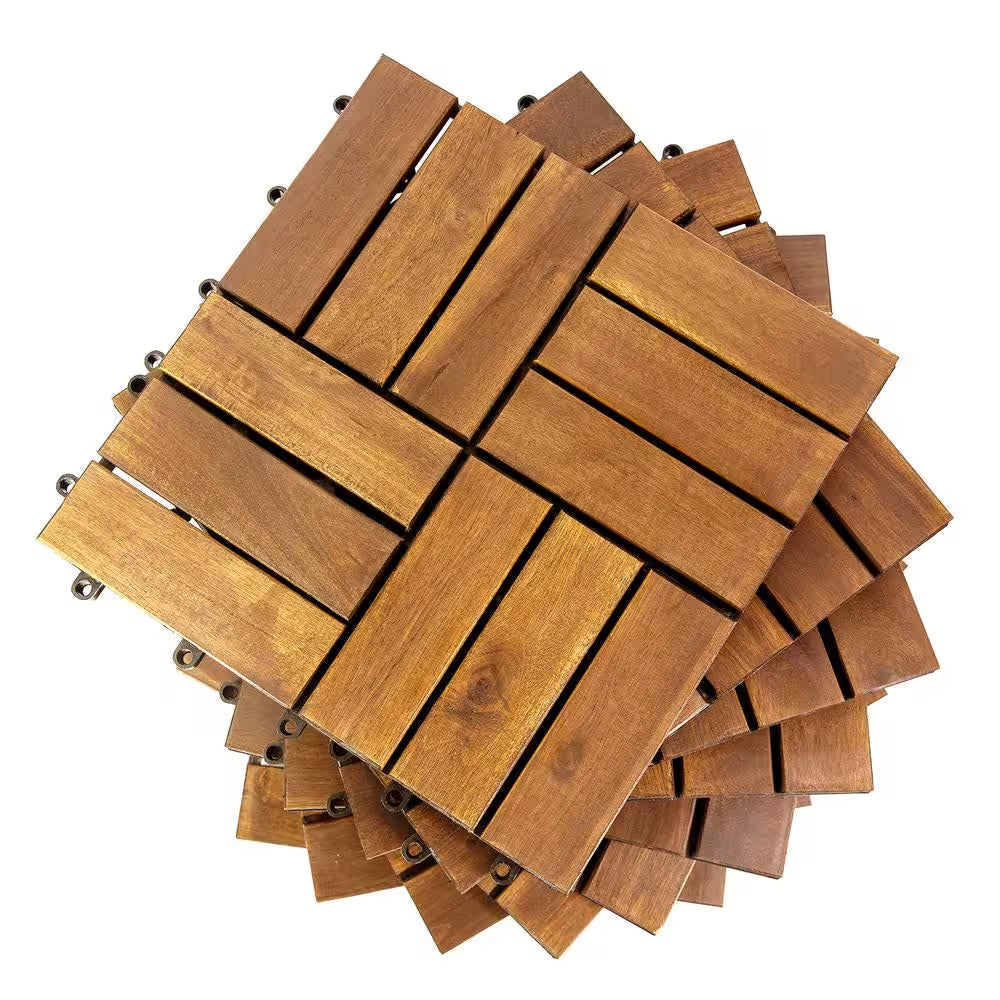 12 In. X 12 In. Acacia Wood Interlocking Flooring Deck Tile Checker Pattern Brown 12-Slats,10-Pieces Covering 10 Sq. Ft.