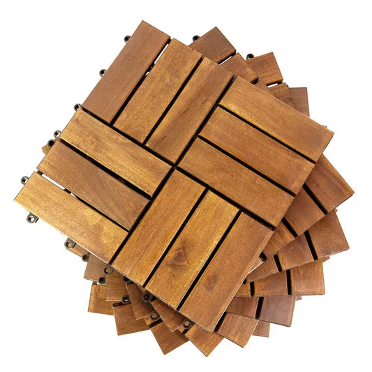 12 In. X 12 In. Acacia Wood Interlocking Flooring Deck Tile Checker Pattern Brown 12-Slats,10-Pieces Covering 10 Sq. Ft.