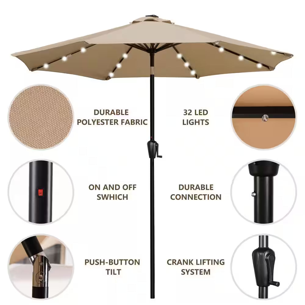 9 Ft. Steel Market Solar Lighted 8-Rib round Patio Umbrella in Taupe