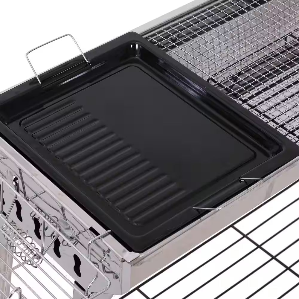Portable Folding Charcoal BBQ Grill in Silver Stainless Steel Camp Picnic Cooker with a Large Non-Stick Cooking Space