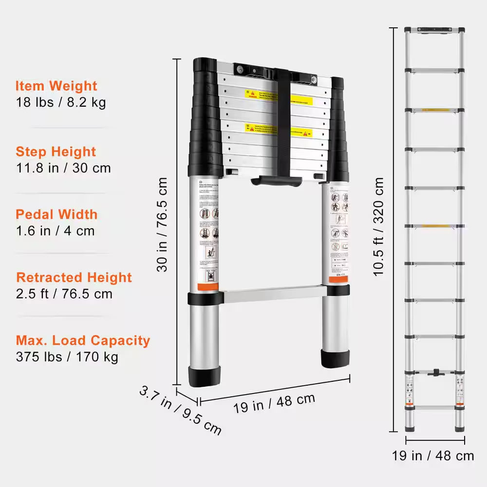 Telescoping Ladder, 10.5 Ft. Aluminum 1-Button Retraction Collapsible Extension Ladder, 375 Lb. Capacity