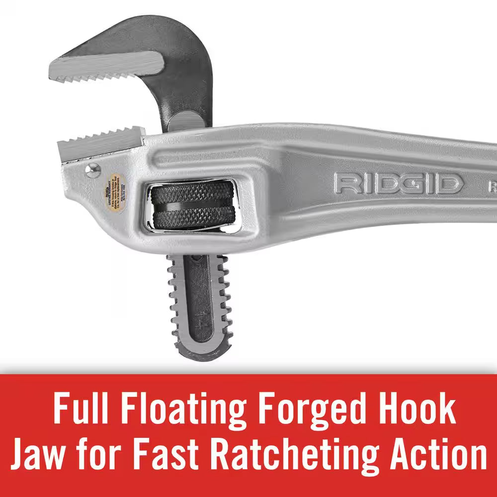 14 In. Aluminum Offset Pipe Wrench with Narrow Hook Jaw Parallel to Handle for Tight Spaces & Overhead Applications