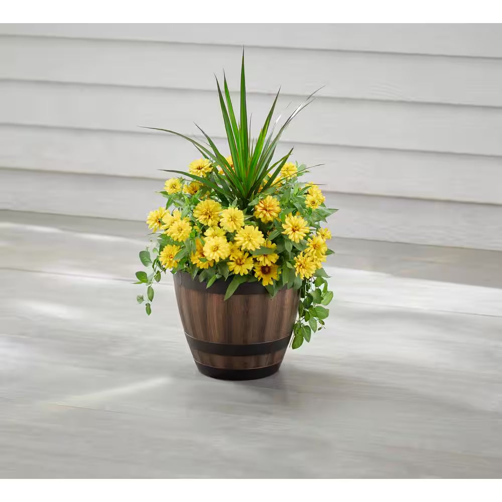 Reedley Medium Kentucky Walnut Brown Resin Wine Barrel Lightweight round Planter (12.8 In. L X 12.8 In. W X 10.5 In. H)