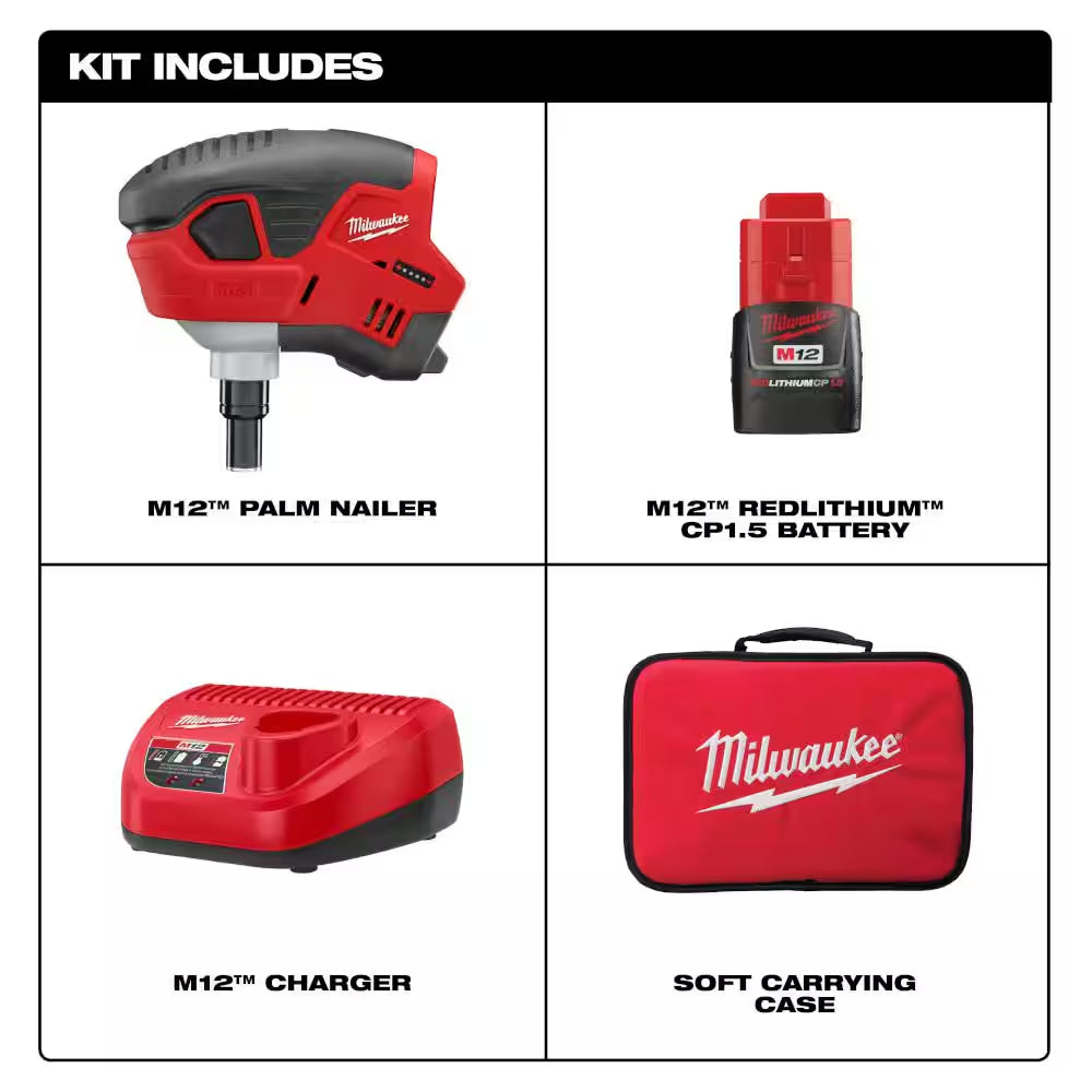 M12 12-Volt Lithium-Ion Cordless Palm Nailer Kit with One 1.5Ah Battery, Charger and Tool Bag
